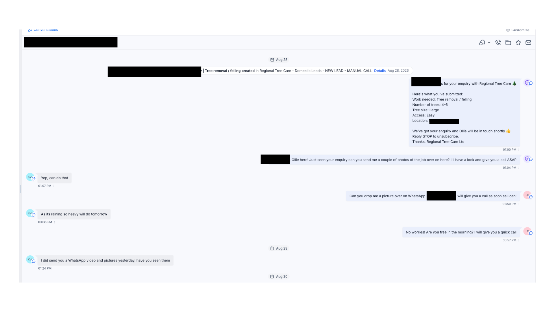 Customer conversation: Ollie asking for photos of the job and arranging a call